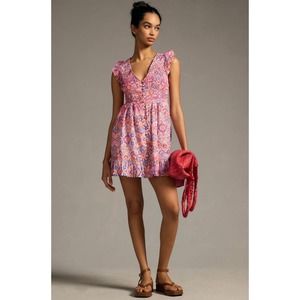 by ANTHROPOLOGIE sz L The Peregrine Mini dress in orange motif